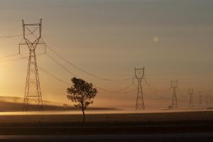 Hydro lines stretching across a the prairies at sunrise.