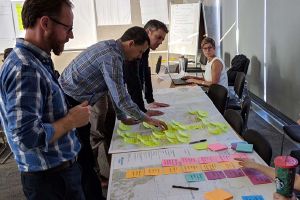 Hydro staff gathered around a project planning table.
