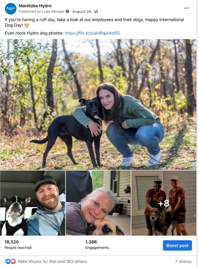 A Facebook post featuring four Manitoba Hydro employees and their dogs. The caption of the post says, “If you’re having a ruff day, take a look at our employees and their dogs. Happy International Dog Day!” Below the text is a link to “even more dog photos” collected in an album on Flickr; below the photos, Facebook statistics show the post reached 18,520 people and garnered 1,386 engagements.